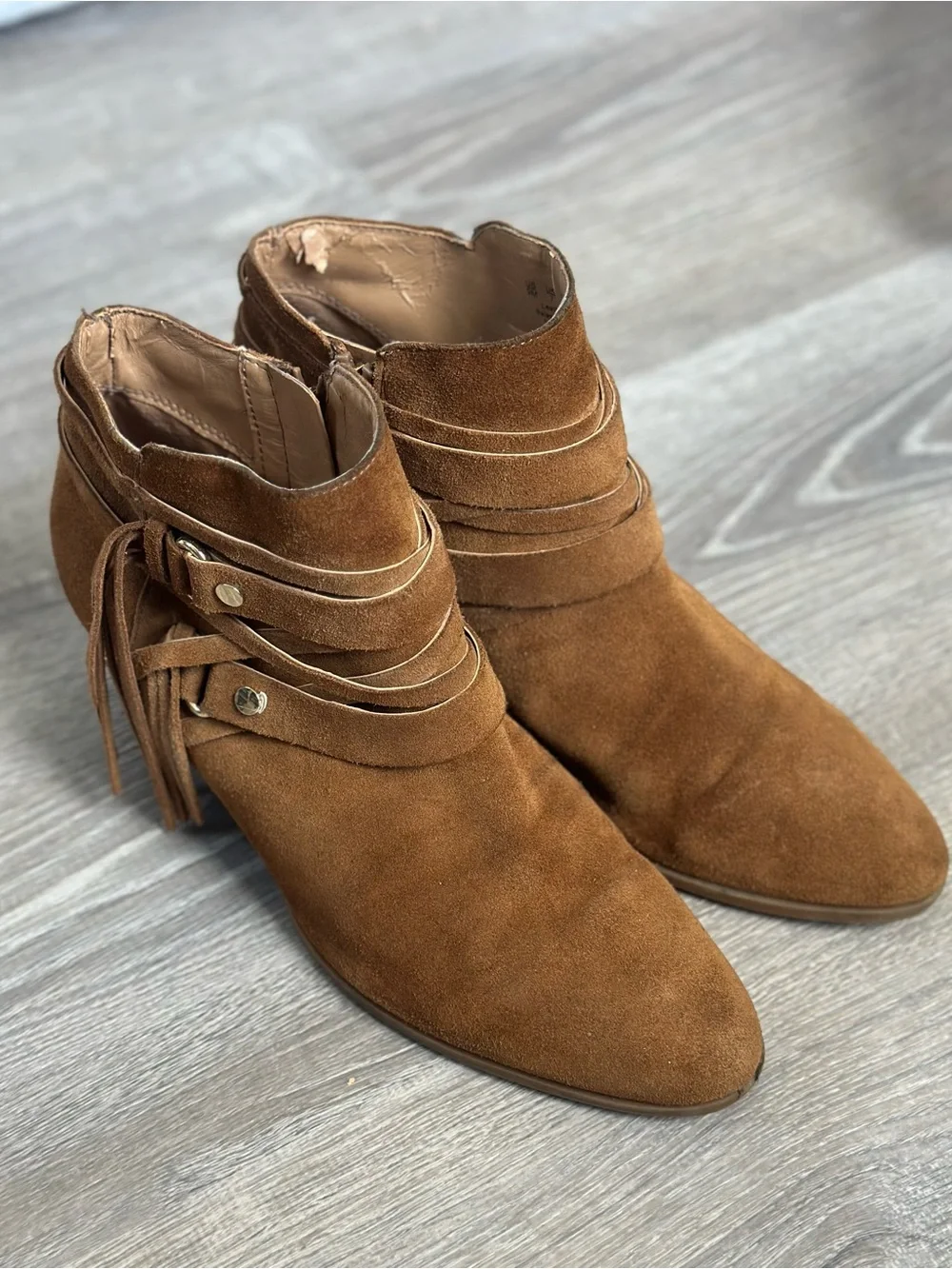 Franco Sarto Tan Suede Ankle Booties with Tassel Straps